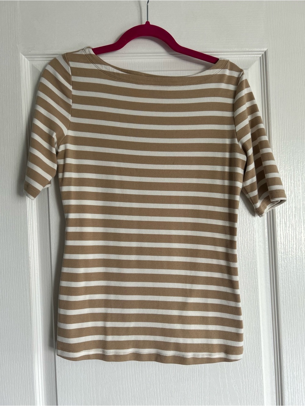 Ellen Tracy Cream and Beige Striped Boatneck Short Sleeve Top